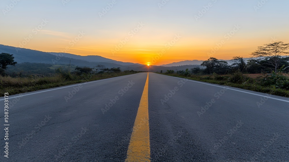 Fototapeta premium Journey to Financial Freedom Scenic Road Under Golden Sunrise - Embrace Peaceful Paths and Clear Skies for a Brighter Future