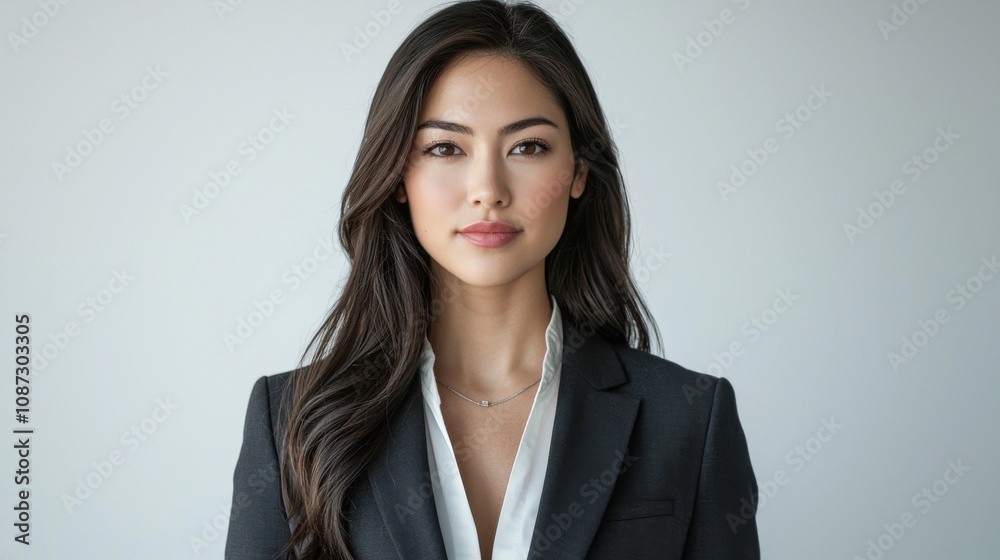 Full-length bust portrait of a lawyer, wearing a sharp suit and tie, looking confident and approachable, with light make-up, white background Full-length bust portrait of a lawyer, wearing a sharp suit and tie, looking confident and approachable, with light make-up, white background