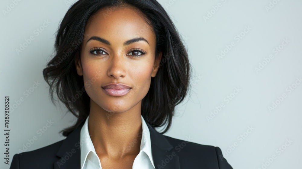 Full-length bust portrait of a lawyer, wearing a sharp suit and tie, looking confident and approachable, with light make-up, white background Full-length bust portrait of a lawyer, wearing a sharp suit and tie, looking confident and approachable, with light make-up, white background