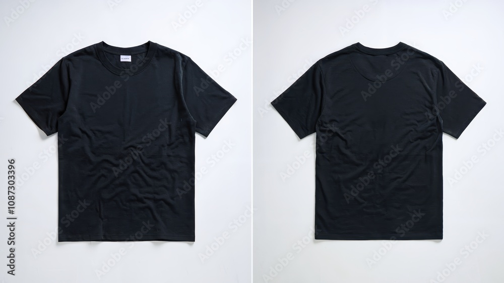 Minimalist Black T-Shirts Displayed Flat Against a White Background Minimalist Black T-Shirts Displayed Flat Against a White Background