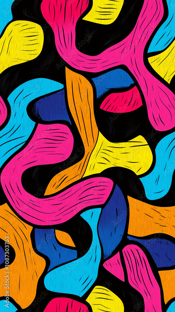 Obraz premium Vibrant abstract wave patterns with 90s surf culture inspiration for retro design - seamless pattern texture png