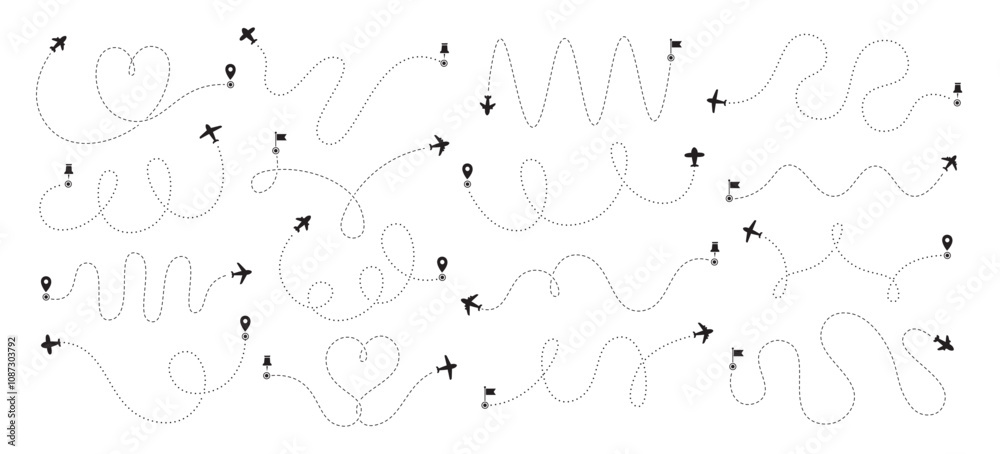 Airplane and transportation routes dashed line different shape and forms isolated monochrome set Airplane and transportation routes dashed line different shape and forms isolated monochrome set