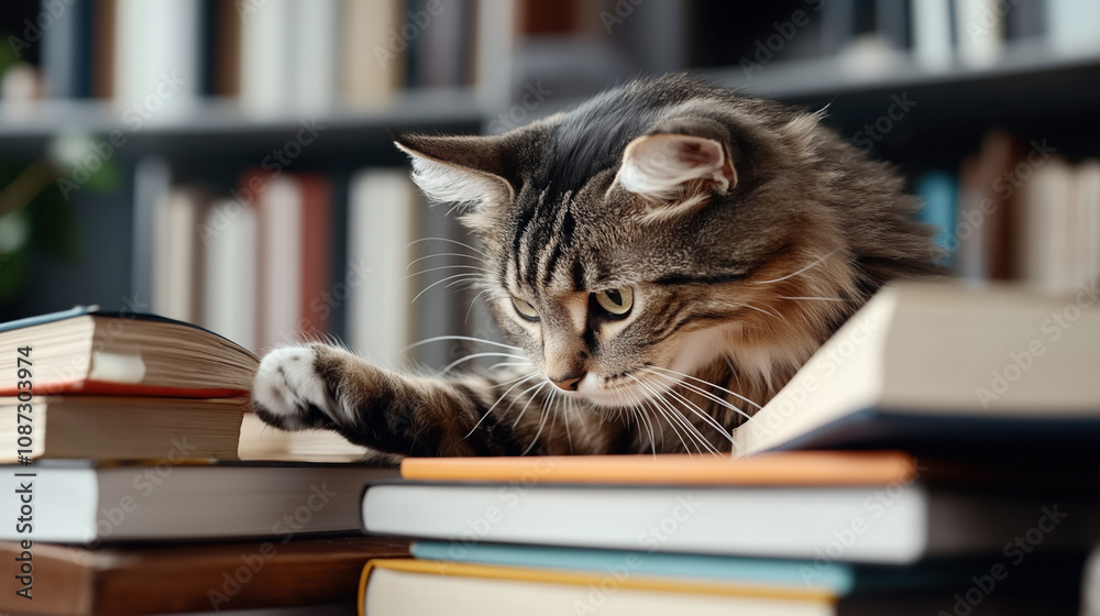 Tabby cat curiously exploring a stack of books in a cozy home library setting with blurred bookshelves in the background. Tabby cat curiously exploring a stack of books in a cozy home library setting with blurred bookshelves in the background.