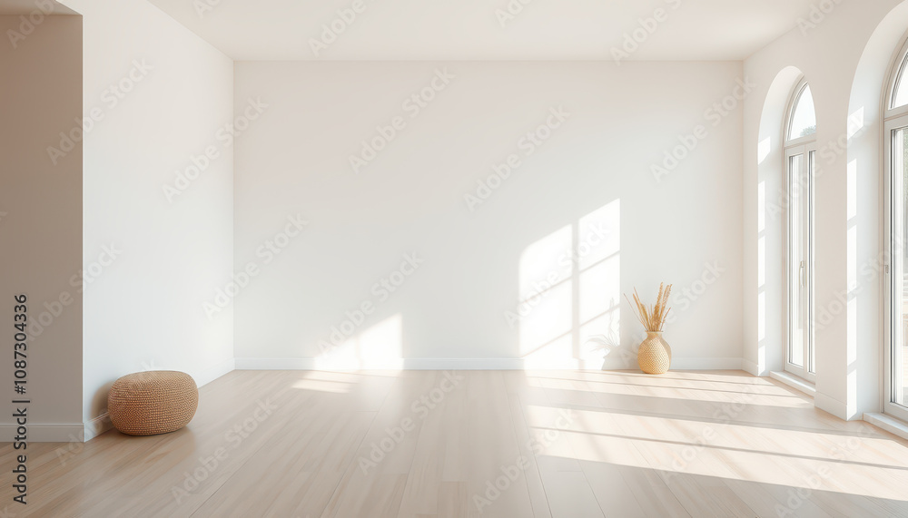 Fototapeta premium A serene and inviting daylight interior scene of a cozy, empty room bathed in soft, warm light, with a calming pale blue background, evoking feelings of comfort and creativity.
