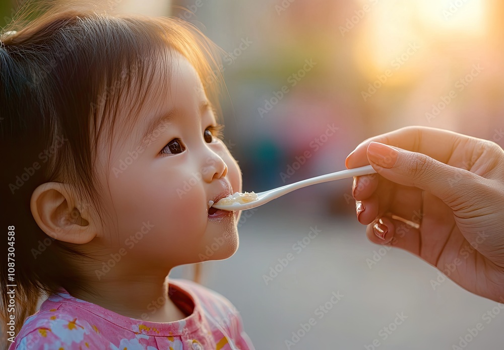 A cute little Asian girl with black hair in pigtails is being fed food by her mother using a white spoon A cute little Asian girl with black hair in pigtails is being fed food by her mother using a white spoon