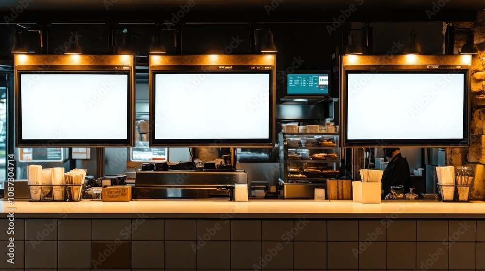A modern café counter with blank digital menus and a pastry display in the background. A modern café counter with blank digital menus and a pastry display in the background.