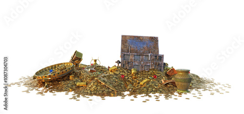A pile of golden coins, cups and jewellery, with a metal chest, forming a fantasy treasure. 3D illustration on isolated background. 