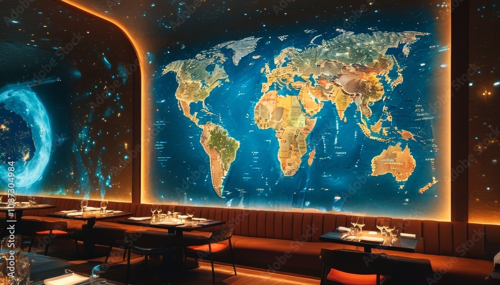 A vibrant world map projection on the wall of a modern restaurant that enhances the dining atmosphere at night A vibrant world map projection on the wall of a modern restaurant that enhances the dining atmosphere at night