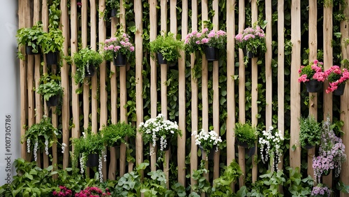 A chic vertical garden fence made of wooden slats covered with hanging plants and flowers, Ai Generated