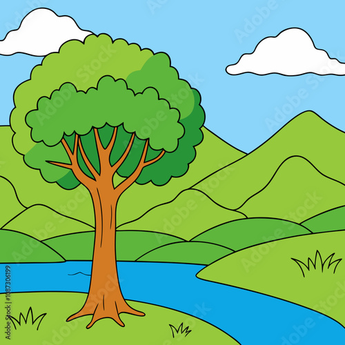  A tree by a riverbank with hills in the river vector illustration