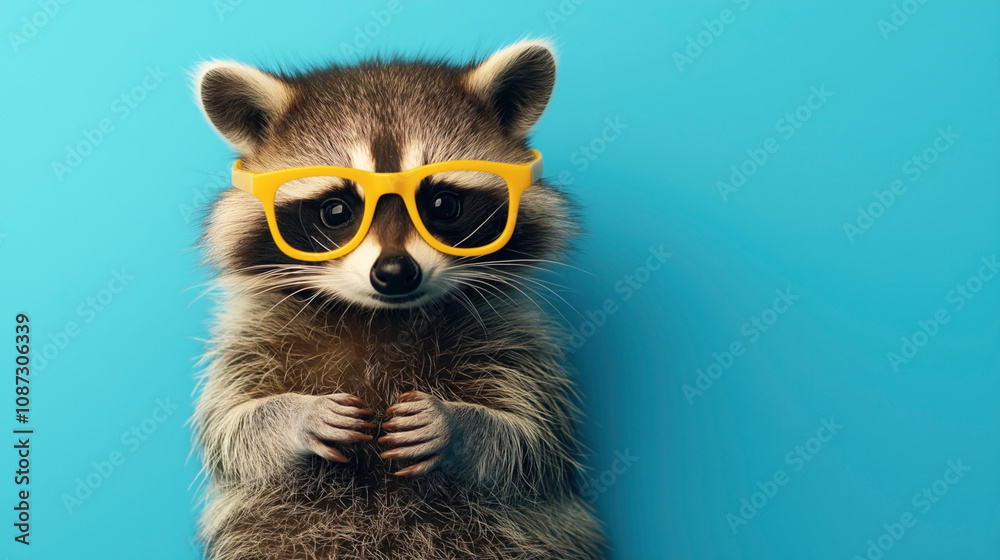 Adorable raccoon wearing bright yellow glasses against a vibrant blue background, depicting a cute and playful animal portrait with quirky glasses. Adorable raccoon wearing bright yellow glasses against a vibrant blue background, depicting a cute and playful animal portrait with quirky glasses.