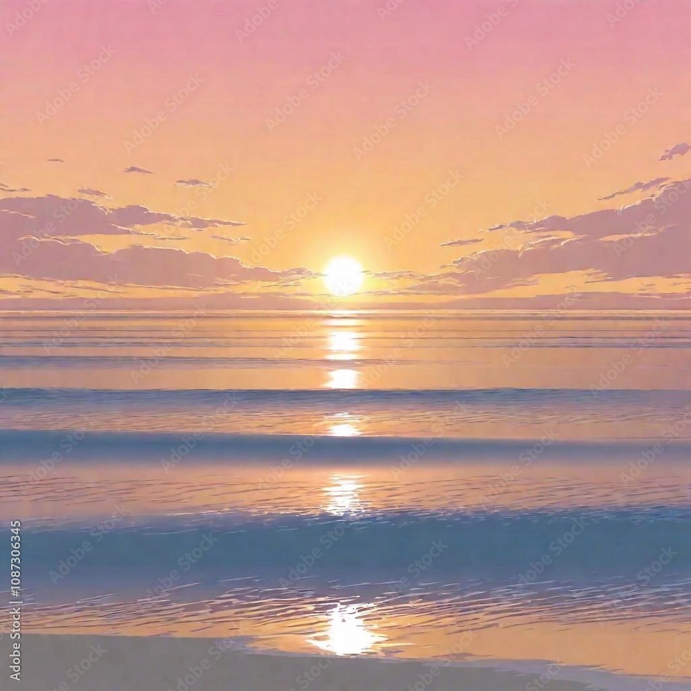 Fototapeta premium A vector medium shot of a serene sunrise over a calm ocean, captured from a Dutch angle. The scene includes soft, pastel-colored clouds reflecting in the water, with the tilted horizon adding a dynami