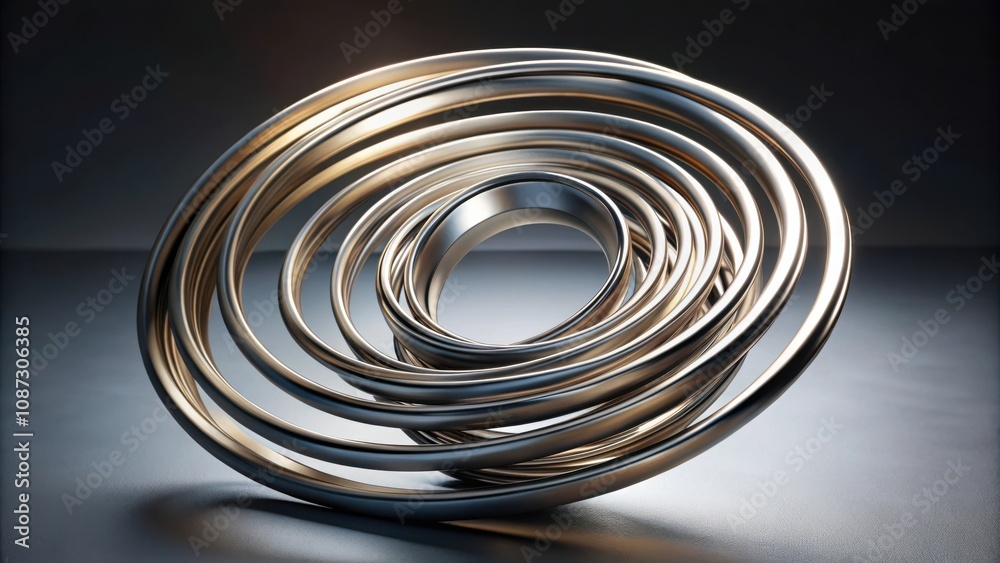 A reflective metallic sculpture, composed of multiple concentric circles, captures the play of light and shadow on a smooth surface. A reflective metallic sculpture, composed of multiple concentric circles, captures the play of light and shadow on a smooth surface.