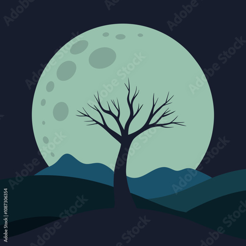 A tree silhouetted against a full moon with hills vector illustration