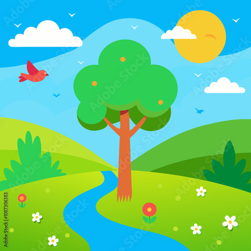 A vibrant meadow with birds and a tree by a stream vector illustration