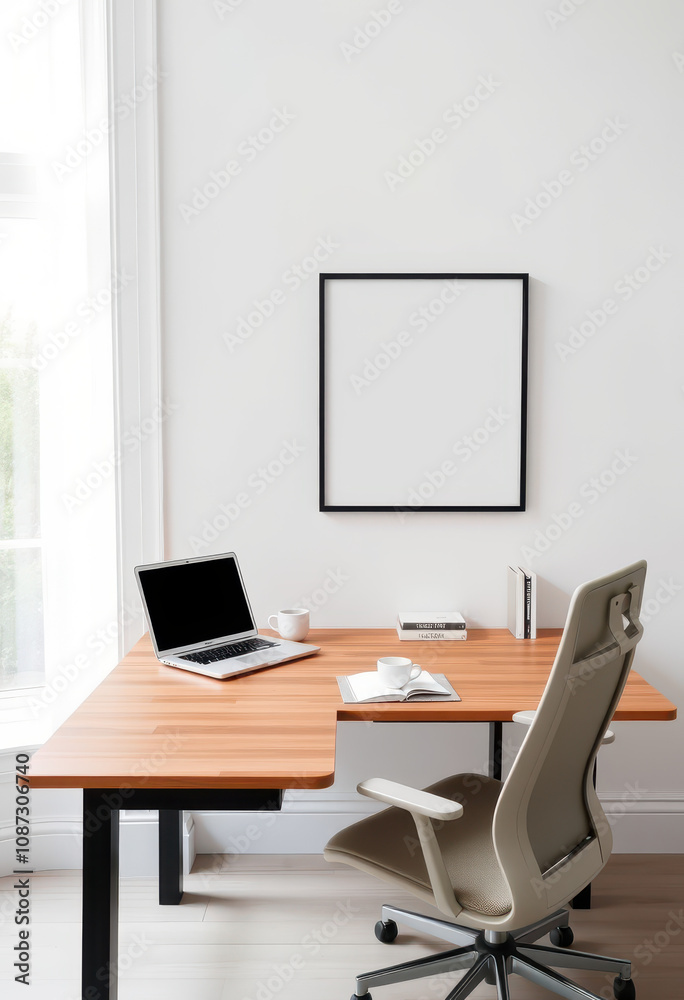 An elegant home office space in minimalist design, with a frame mockup above a sleek wooden desk. The desk is styled with a laptop, a cup of coffee, and a small stack of books. An elegant home office space in minimalist design, with a frame mockup above a sleek wooden desk. The desk is styled with a laptop, a cup of coffee, and a small stack of books.