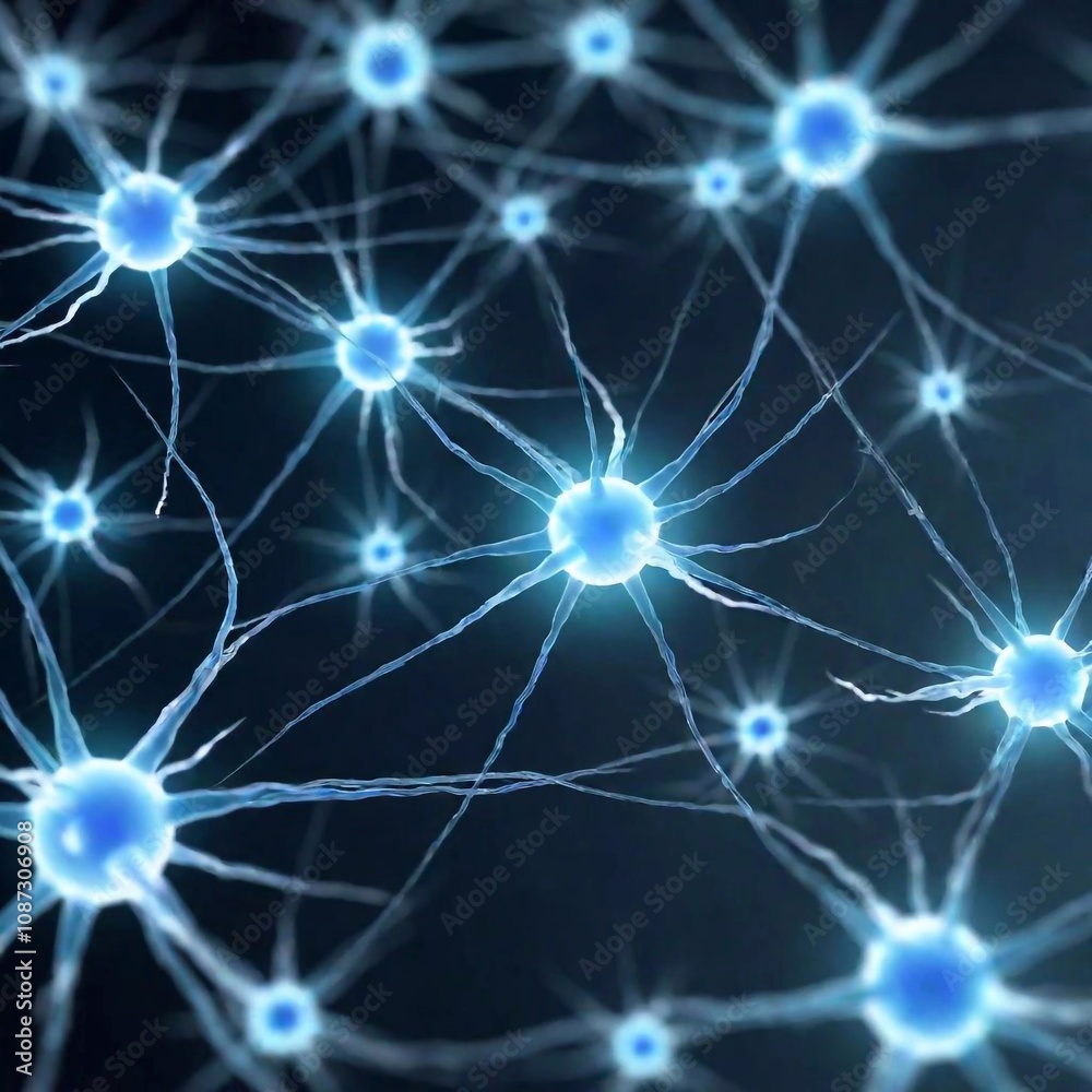 A high-resolution digital artwork depicting a detailed close-up of numerous interconnected neurons in the brain. Each neuron is depicted with intricate precision, showcasing long, thin axons and dendr