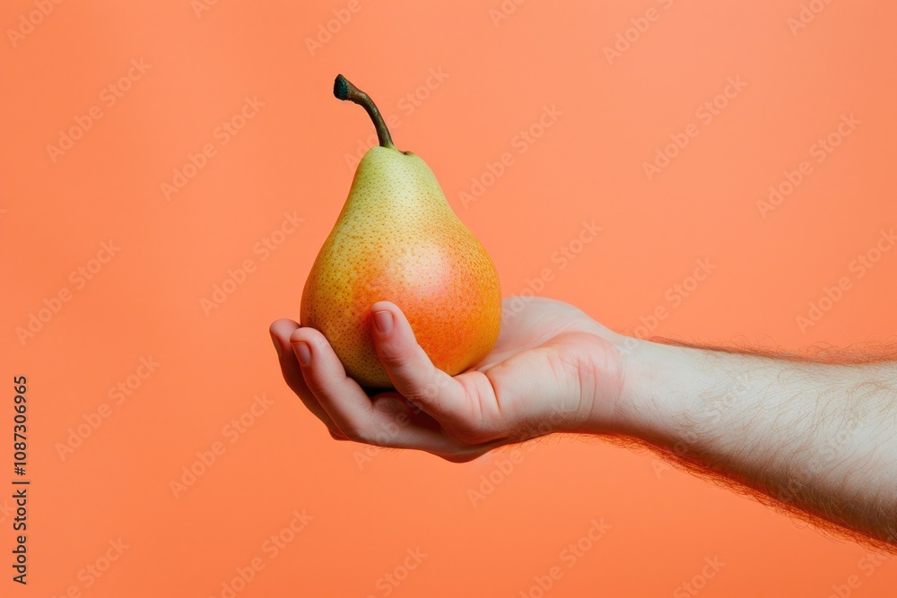 Hand presenting ripe pear on pastel orange backdrop Hand presenting ripe pear on pastel orange backdrop