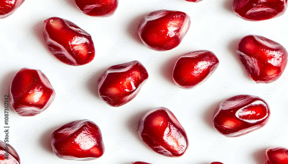 Vibrant red pomegranate seeds scattered on a pristine white background, showcasing their juicy texture and natural beauty. Perfect for food blogs, healthy eating content, or product packaging. Vibrant red pomegranate seeds scattered on a pristine white background, showcasing their juicy texture and natural beauty. Perfect for food blogs, healthy eating content, or product packaging.
