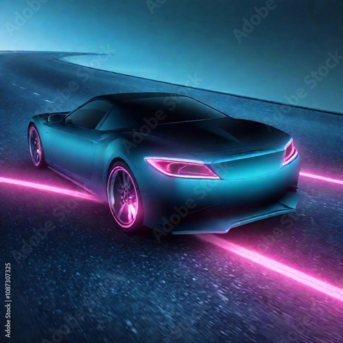 Sports car with neon underglow racing down highway. photo