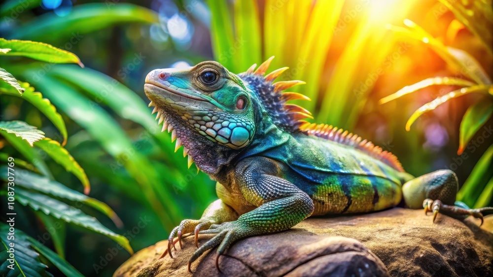Fototapeta premium A colorful lizard basks in the warm glow of the setting sun, its vibrant scales shimmering against a backdrop of lush green foliage.
