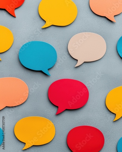 A vibrant assortment of colorful speech bubbles scattered on a textured surface, symbolizing communication and expression.