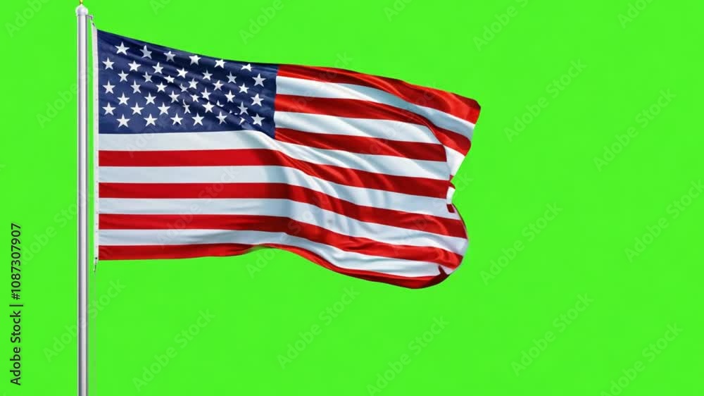 The American flag fluttering vibrantly against a green screen background.