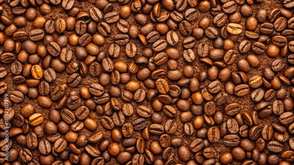A close-up view of freshly roasted coffee beans scattered on a bed of ground coffee, showcasing the rich, earthy tones and intricate details of each bean. A close-up view of freshly roasted coffee beans scattered on a bed of ground coffee, showcasing the rich, earthy tones and intricate details of each bean.