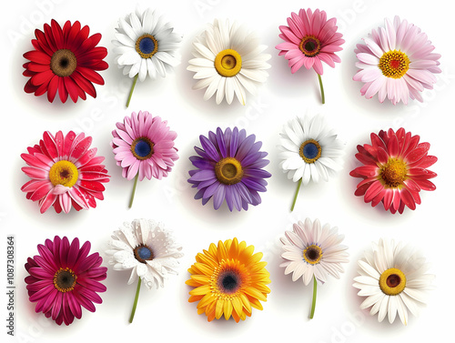 Vector set of colorful daisies isolated on a white background, top view