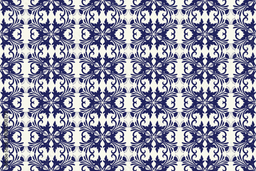 Symmetrical floral pattern in navy and white,