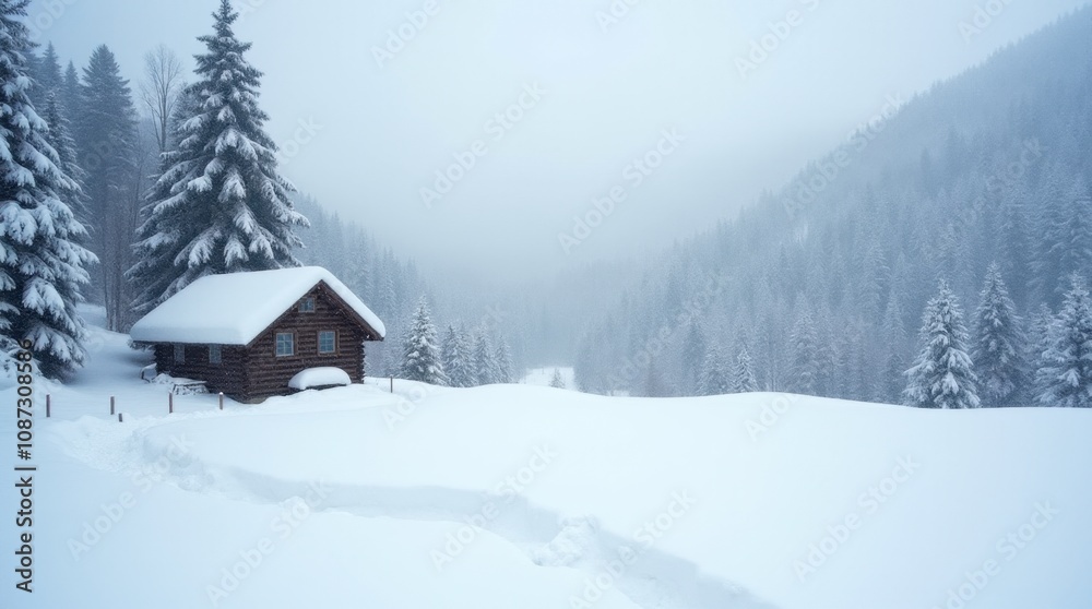 Fototapeta premium Secluded Cabin in a Snowy Winter Wonderland