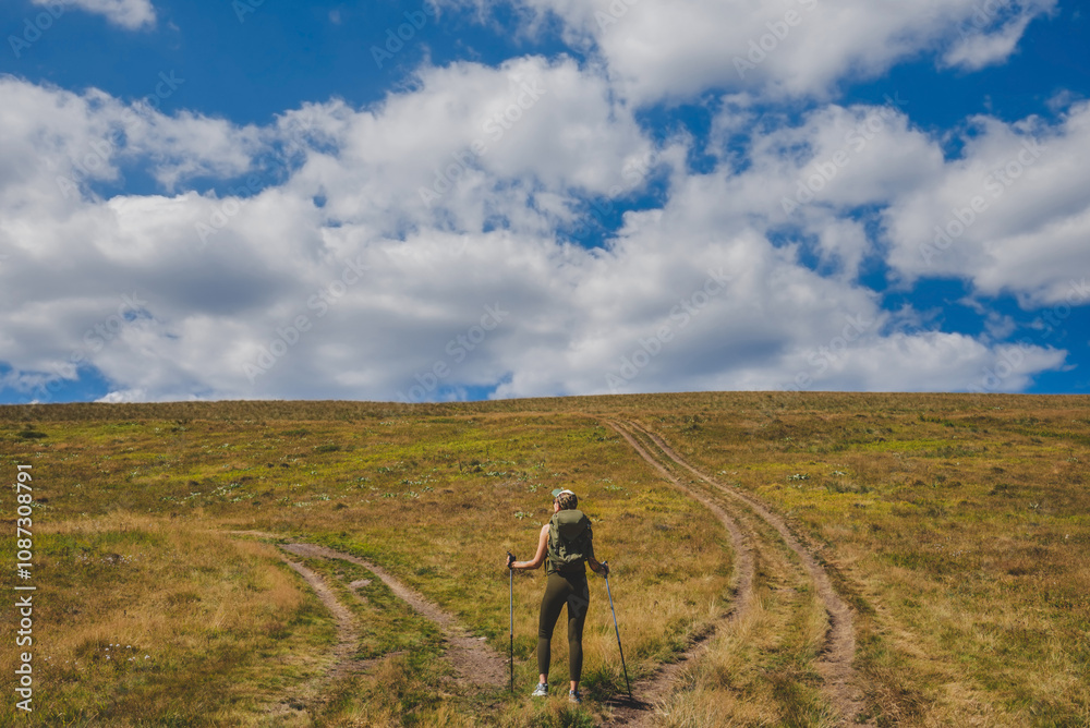 Woman Hiker Admires Beautiful Landscape in Mountains