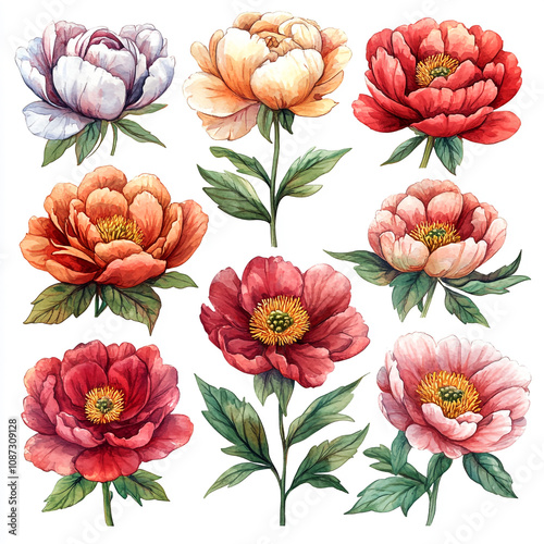 Set of watercolor peony flowers isolated on a white background