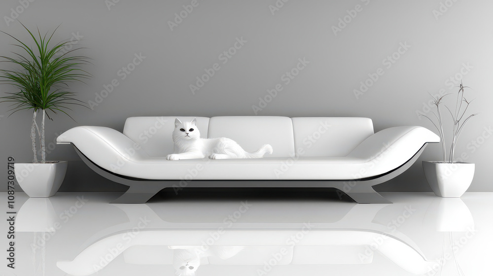 modern white sofa with cat, surrounded by plants in pots modern white sofa with cat, surrounded by plants in pots