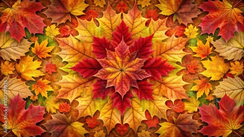 A vibrant autumnal tapestry woven from a multitude of leaves in shades of red, orange, and yellow, forming a mesmerizing pattern of symmetry and natural beauty.