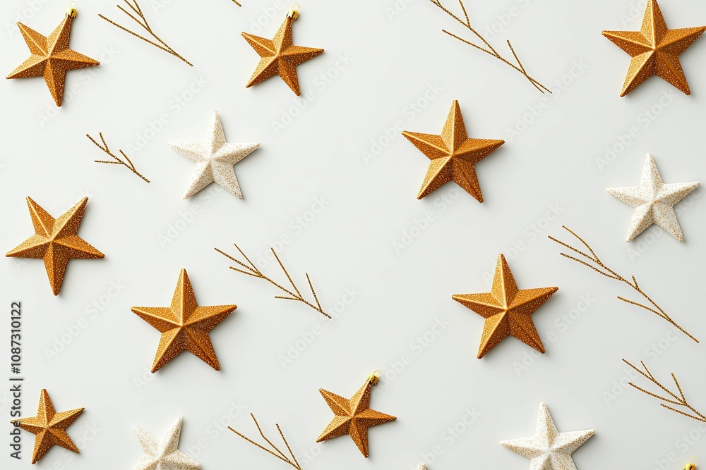christmas pattern and minimalist stars, A flat lay of decorative stars in gold and white hues, scattered across a light background with delicate twigs, creating a festive and elegant atmosphere. christmas pattern and minimalist stars, A flat lay of decorative stars in gold and white hues, scattered across a light background with delicate twigs, creating a festive and elegant atmosphere.