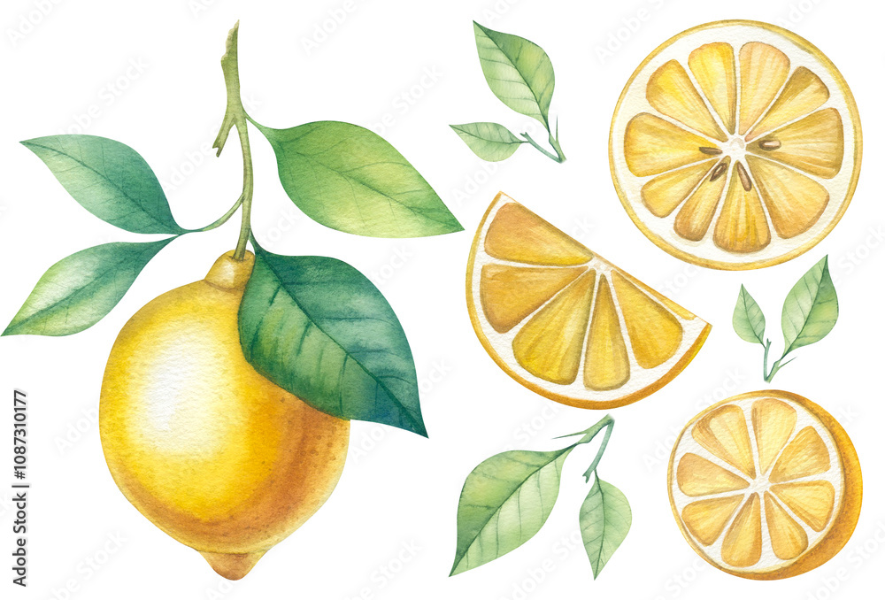 Set of watercolor style lemon fruit on white background , every piece can separate each one Yellow lemons on a branch, lemon slices, watercolor illustration for the design of dishes, food, menus