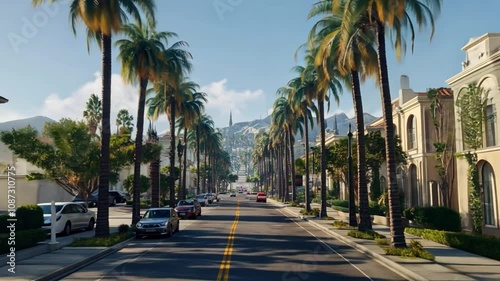 Palm-Lined Avenue in California: Sunny day on a picturesque street lined with palm trees, leading to a view of a mountain in the distance.  A sense of tranquility and California dreaming. 
