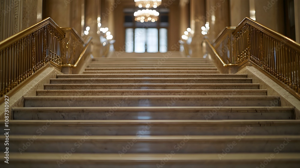 Elegant Grand Staircase with Stone Steps and Brass Railings - Luxurious Chandelier and Soft Ambient Lighting Create a Sophisticated Atmosphere Elegant Grand Staircase with Stone Steps and Brass Railings - Luxurious Chandelier and Soft Ambient Lighting Create a Sophisticated Atmosphere