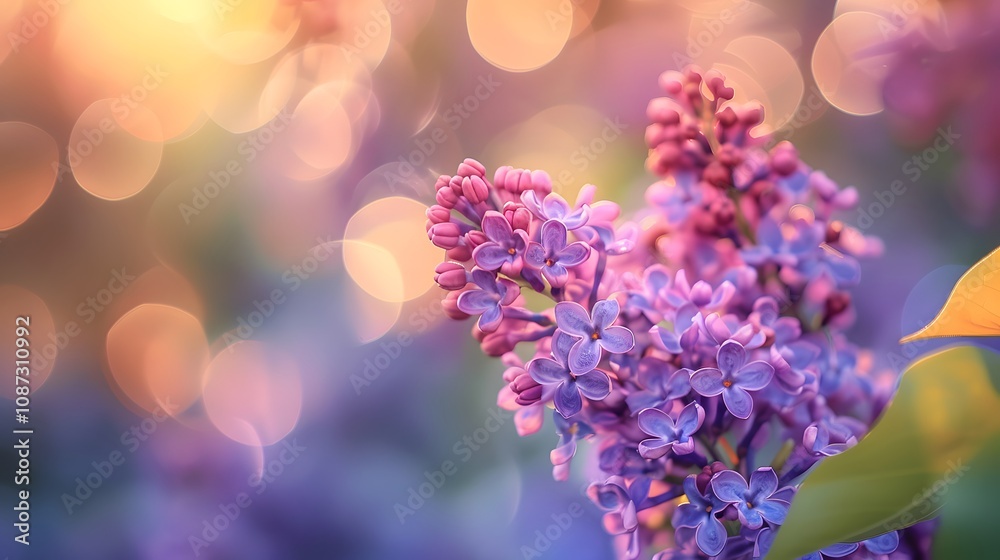 Blooming lilac flowers with dreamy bokeh effects in soft sunset light. Ideal for romantic designs, seasonal greeting cards, or nature-inspired projects Blooming lilac flowers with dreamy bokeh effects in soft sunset light. Ideal for romantic designs, seasonal greeting cards, or nature-inspired projects
