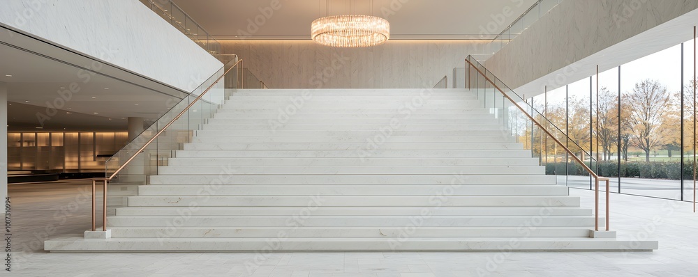 Elegant White Marble Grand Staircase with Rose-Gold Accents - Luxurious Minimalist Interior Design Featuring a Modern Chandelier and Glass Balustrade Elegant White Marble Grand Staircase with Rose-Gold Accents - Luxurious Minimalist Interior Design Featuring a Modern Chandelier and Glass Balustrade