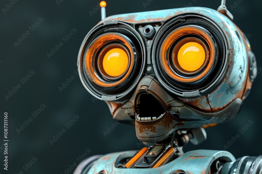 Cute Little Shocked Robot in Close-Up View Cute Little Shocked Robot in Close-Up View