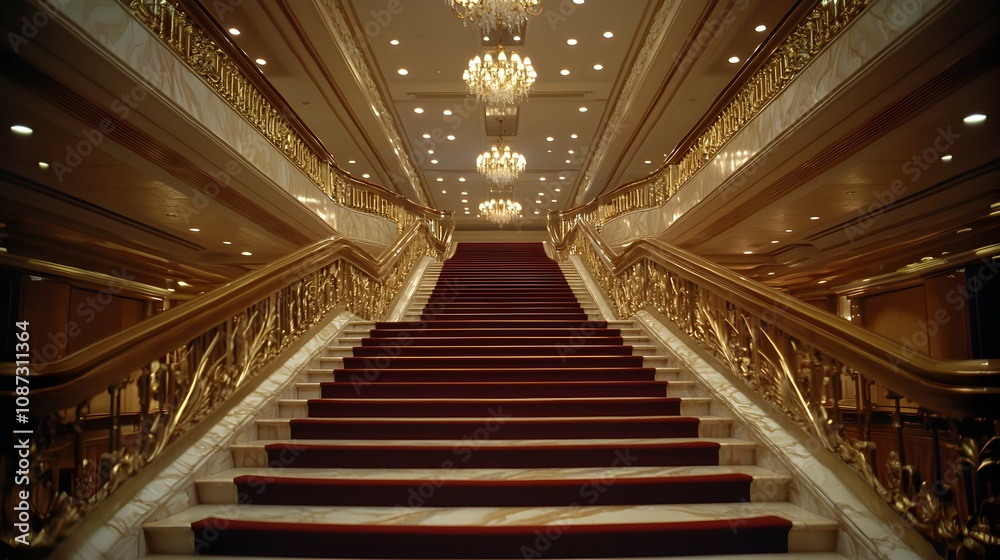 Obraz premium Elegant Grand Staircase with Marble Steps and Ornate Brass Railings - Luxurious Chandelier and Plush Red Carpet Enhancing Opulent Architecture in Natural Light