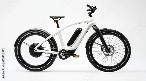 Sleek modern electric bicycle with white frame, integrated battery, and black tires on a plain white background showcasing minimalist design.