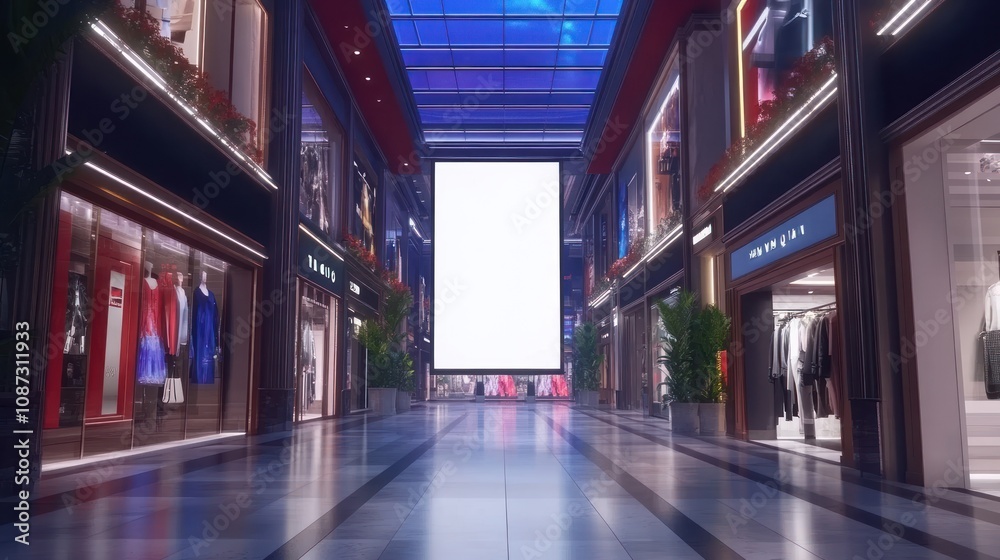 Fototapeta premium A modern shopping mall interior featuring empty storefronts and a large advertising screen.