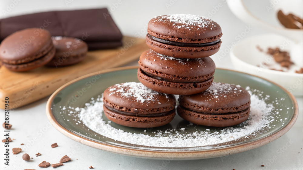 Chocolate macarons on plate with powdered sugar Chocolate macarons on plate with powdered sugar
