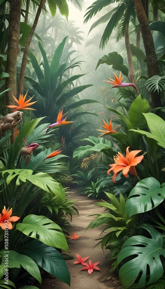Tropical exotic pattern with animal and flowers in bright colors and lush vegetation Tropical exotic pattern with animal and flowers in bright colors and lush vegetation