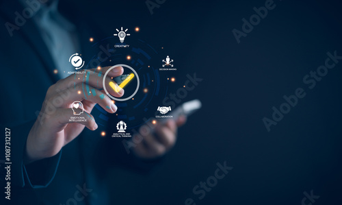 Soft skills HR concept. Businessman with soft skills, leadership, emotional intelligence, creativity, collaboration, adaptability, decision making and analytical thinking. business training