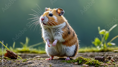 European hamster (Cricetus cricetus) standing on the hind legs, natural habitat photo