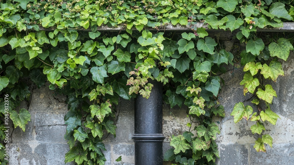 A drainpipe adorned with climbing vines in a garden, highlighting creativity in landscaping A drainpipe adorned with climbing vines in a garden, highlighting creativity in landscaping